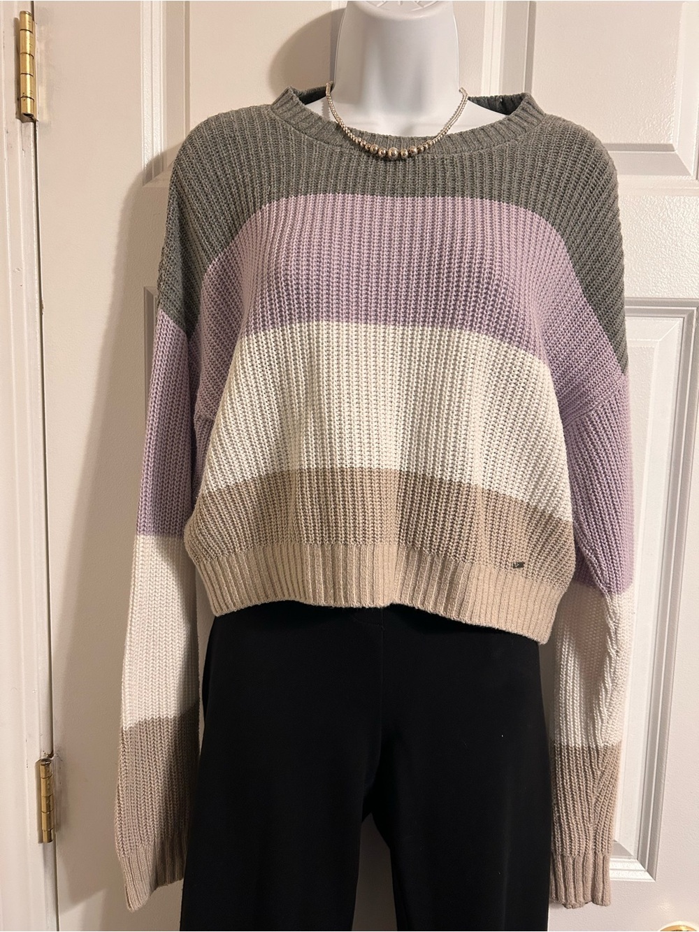 Hollister Colorblock Crewneck Sweater in Gray, Lavender, Cream, and Tan